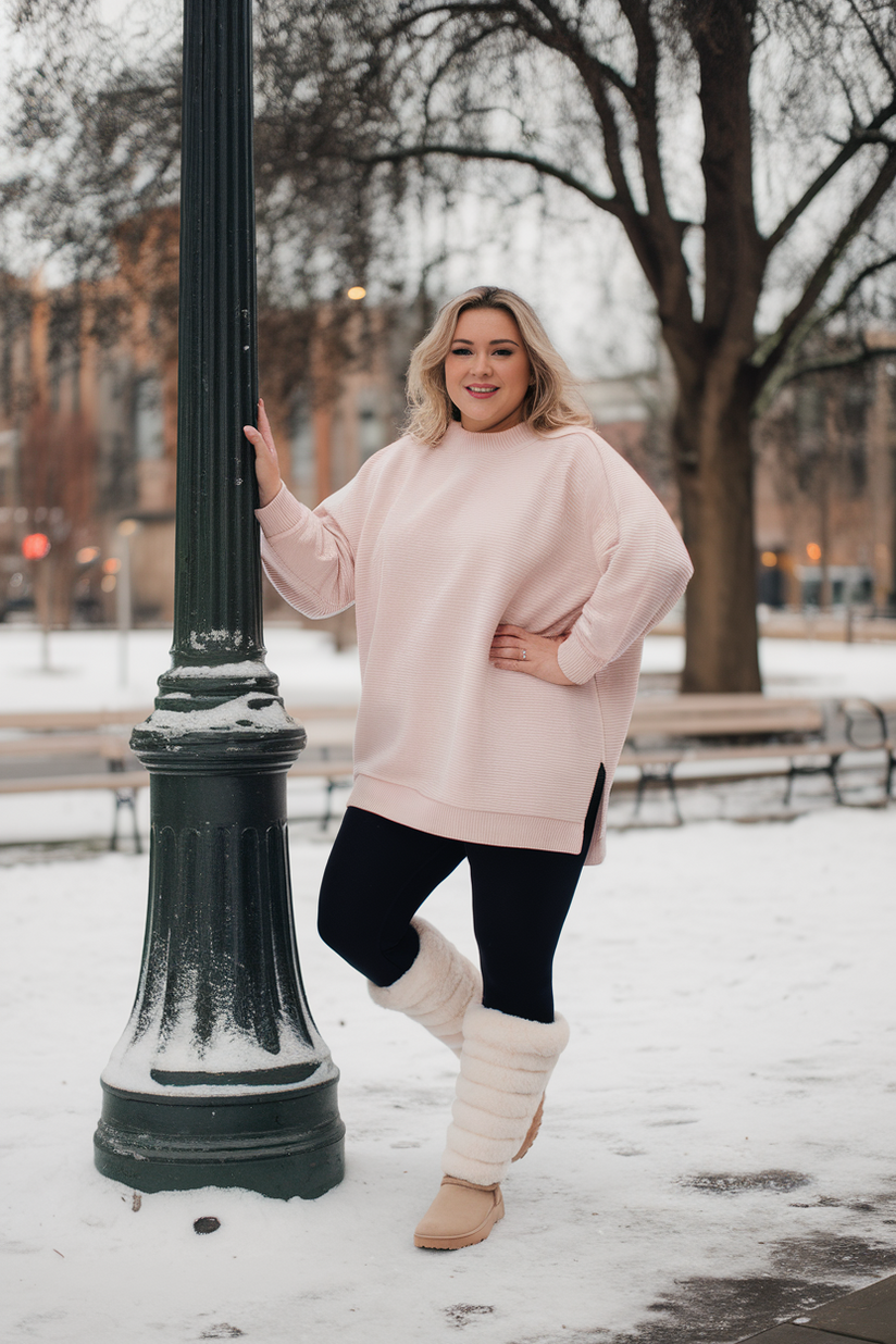 A plus-size woman in a pink sweater, black leggings, and fur-lined boots for a cozy winter look.