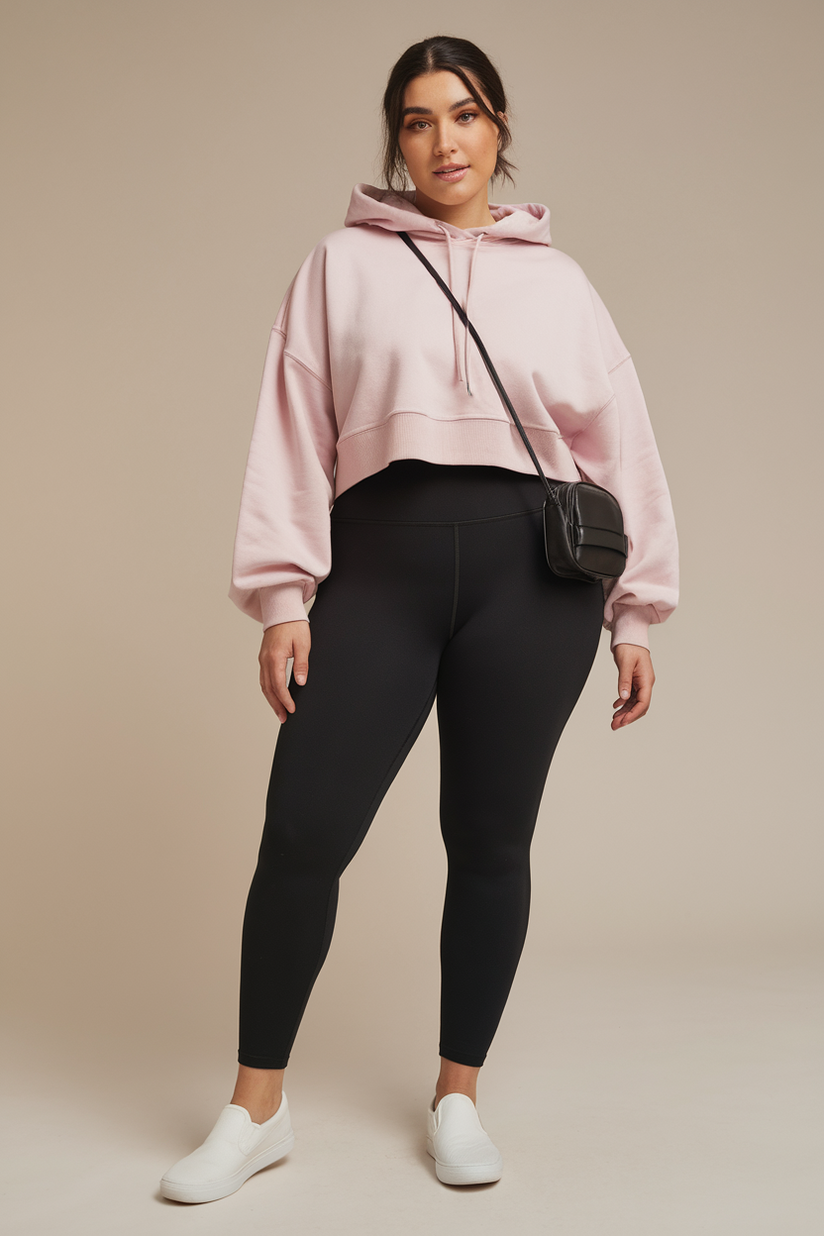 Plus-size woman in black leggings and a pink oversized hoodie with white sneakers, standing against a beige background.