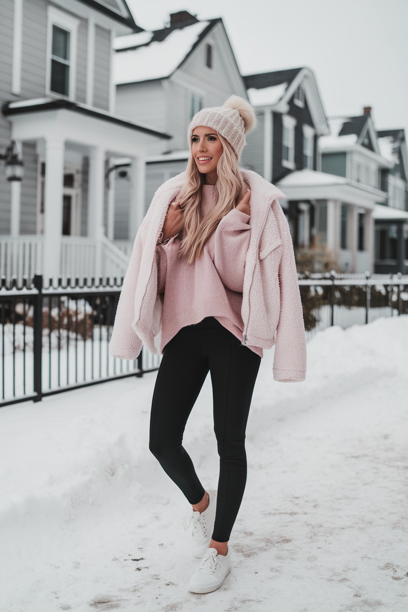 Cute winter outfit with black leggings, a pink sweater, and a white sherpa jacket.