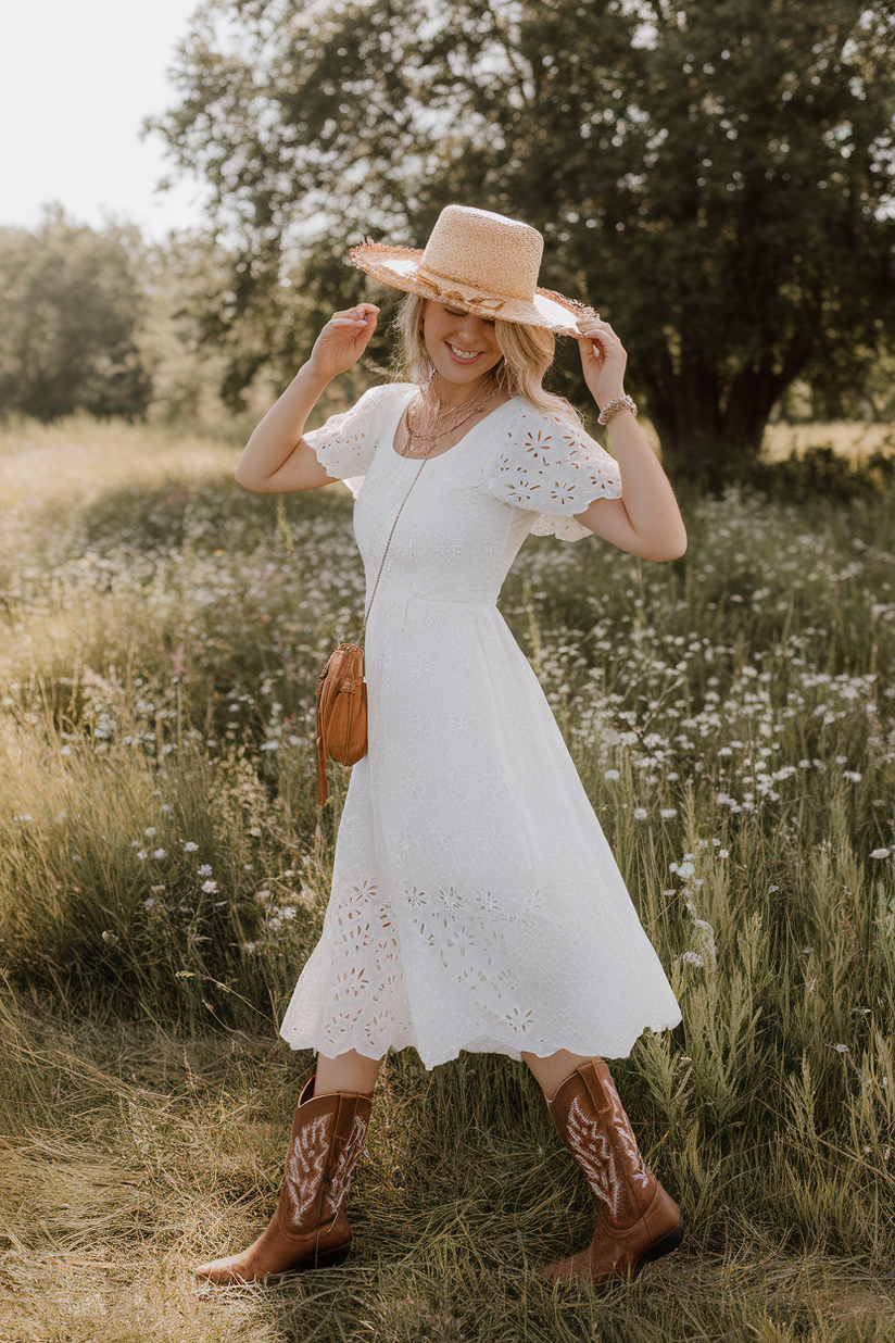 Woman in white sundress and brown cowboy boots in a wildflower field.