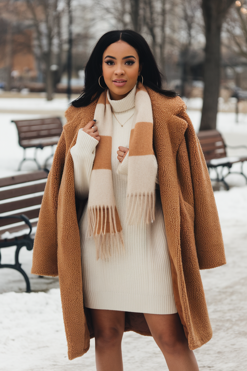 Cute winter outfit with a cream sweater dress, a caramel teddy coat, and white boots.