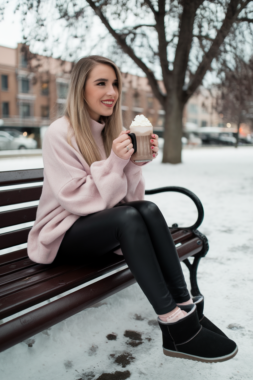 Cute winter outfit with black leggings, pink sweater, and short black UGG boots.