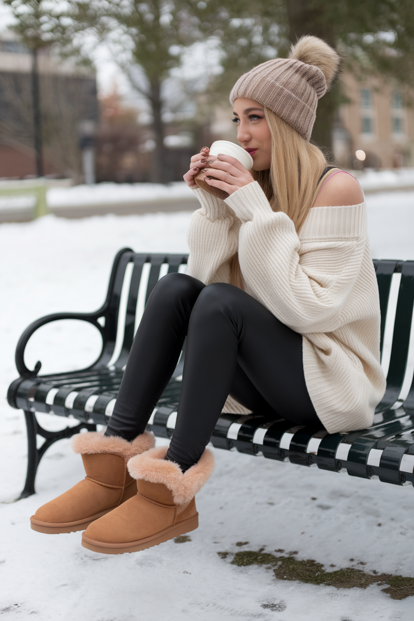 Cute winter outfit with black leggings, cream oversized sweater, and tan mini UGG boots.