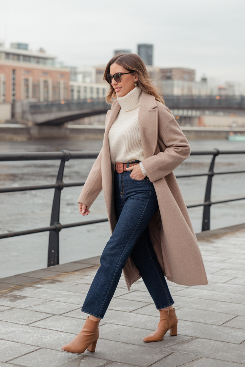 Woman in high-waisted dark jeans, tan boots, and a cream sweater with a belted wool coat by a frosty river.