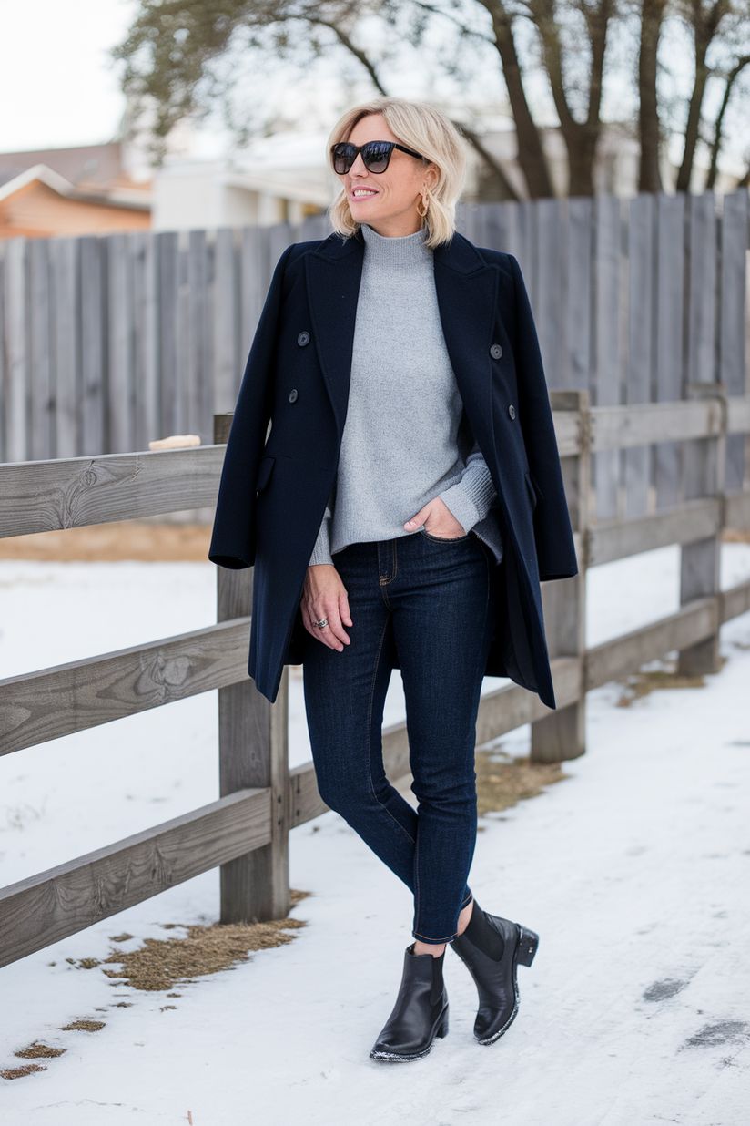 Woman in dark skinny jeans with a gray sweater and navy coat, wearing black ankle boots in a winter setting.