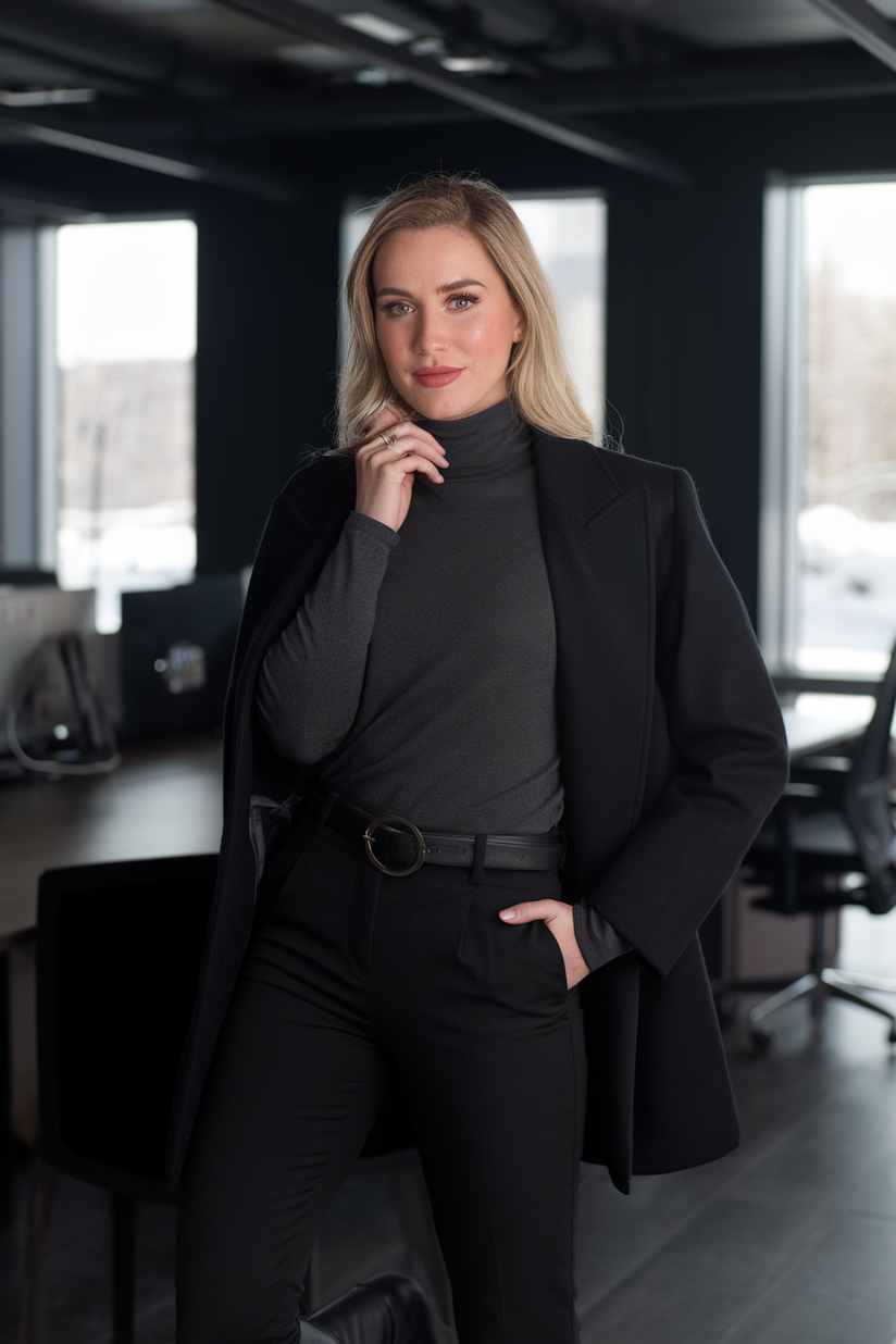 A woman in a charcoal turtleneck, black trousers, and leather boots for a dark-toned winter work outfit.