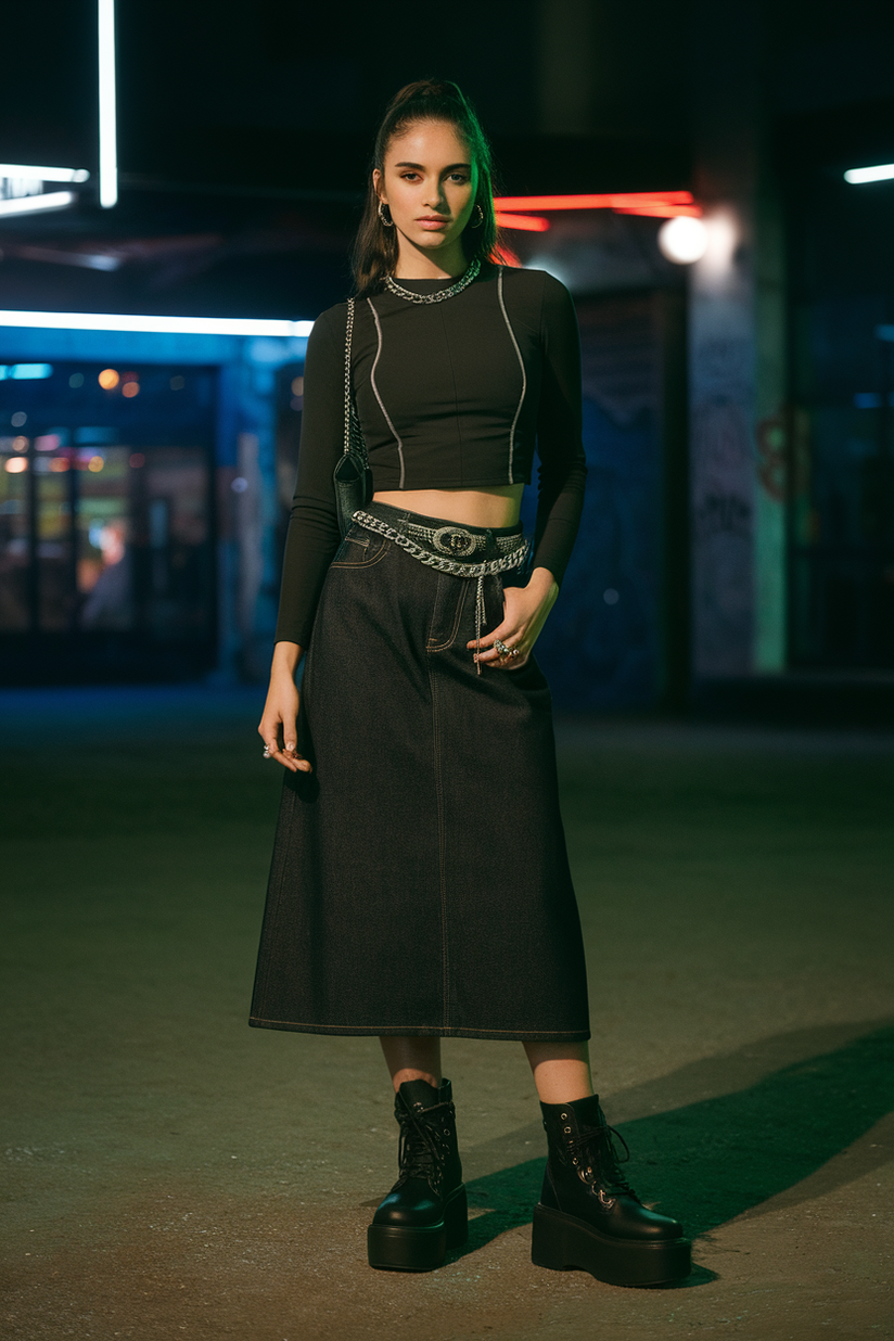 A dark Y2K modest outfit with a denim skirt, black top, and platform boots in a neon-lit urban setting.