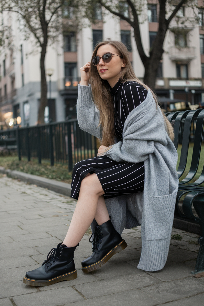 Woman in striped dress, gray cardigan, and Dr. Martens boots on a park bench.