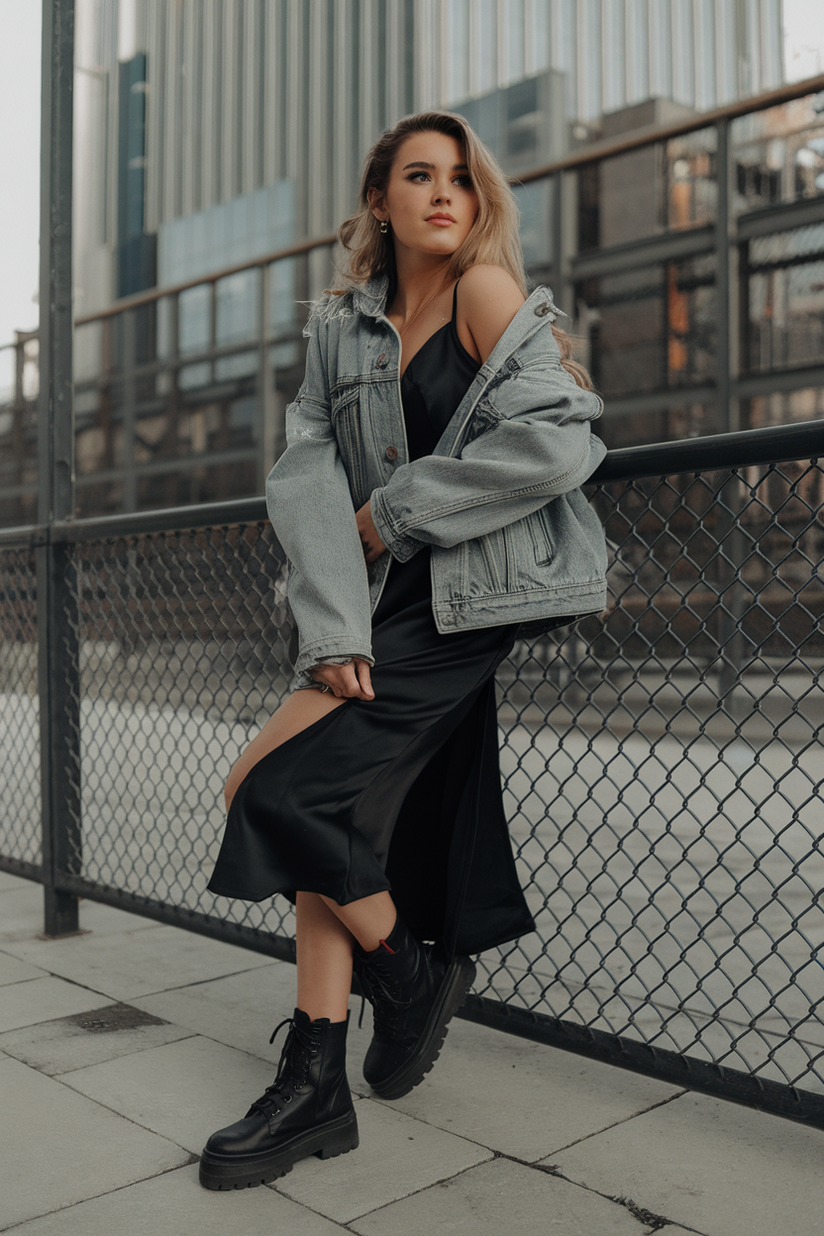 A black slip dress and baggy denim jacket paired with combat boots, a 90s-inspired spring look.