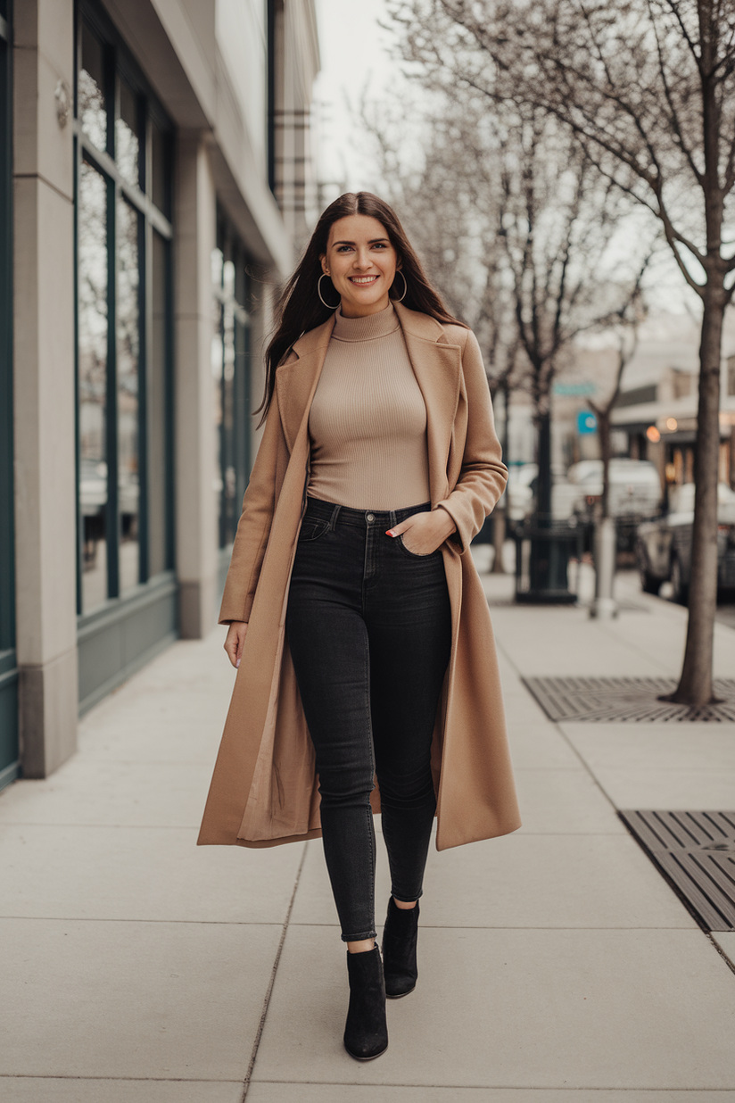 Black skinny jeans styled with a beige turtleneck and camel coat for early spring.