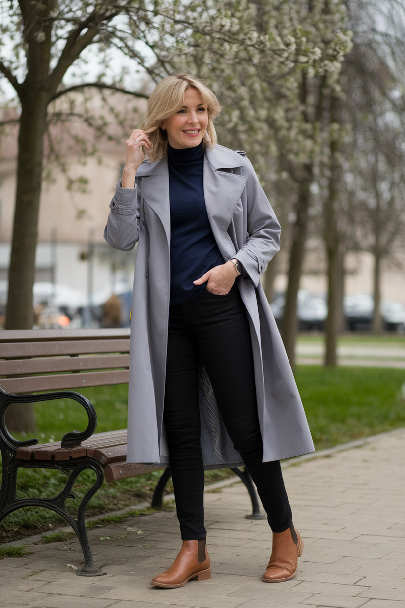 Woman in gray trench coat, navy turtleneck, and brown Chelsea boots in an early spring park.