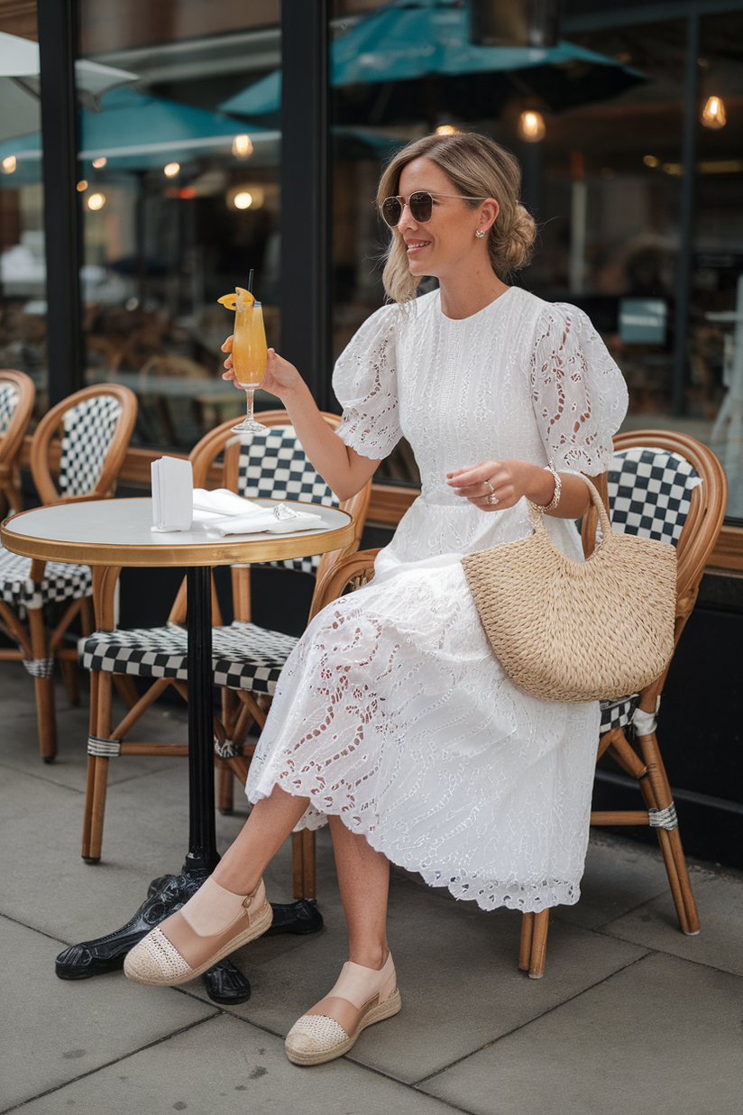 A white eyelet lace midi dress styled for a spring brunch outing.