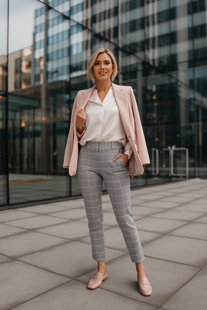 Gray trousers, a white blouse, and a blush blazer, styled for a business casual spring outfit.