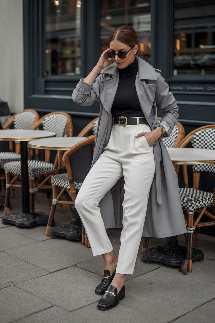 White trousers and a black turtleneck styled with a gray trench coat for casual chic spring fashion.