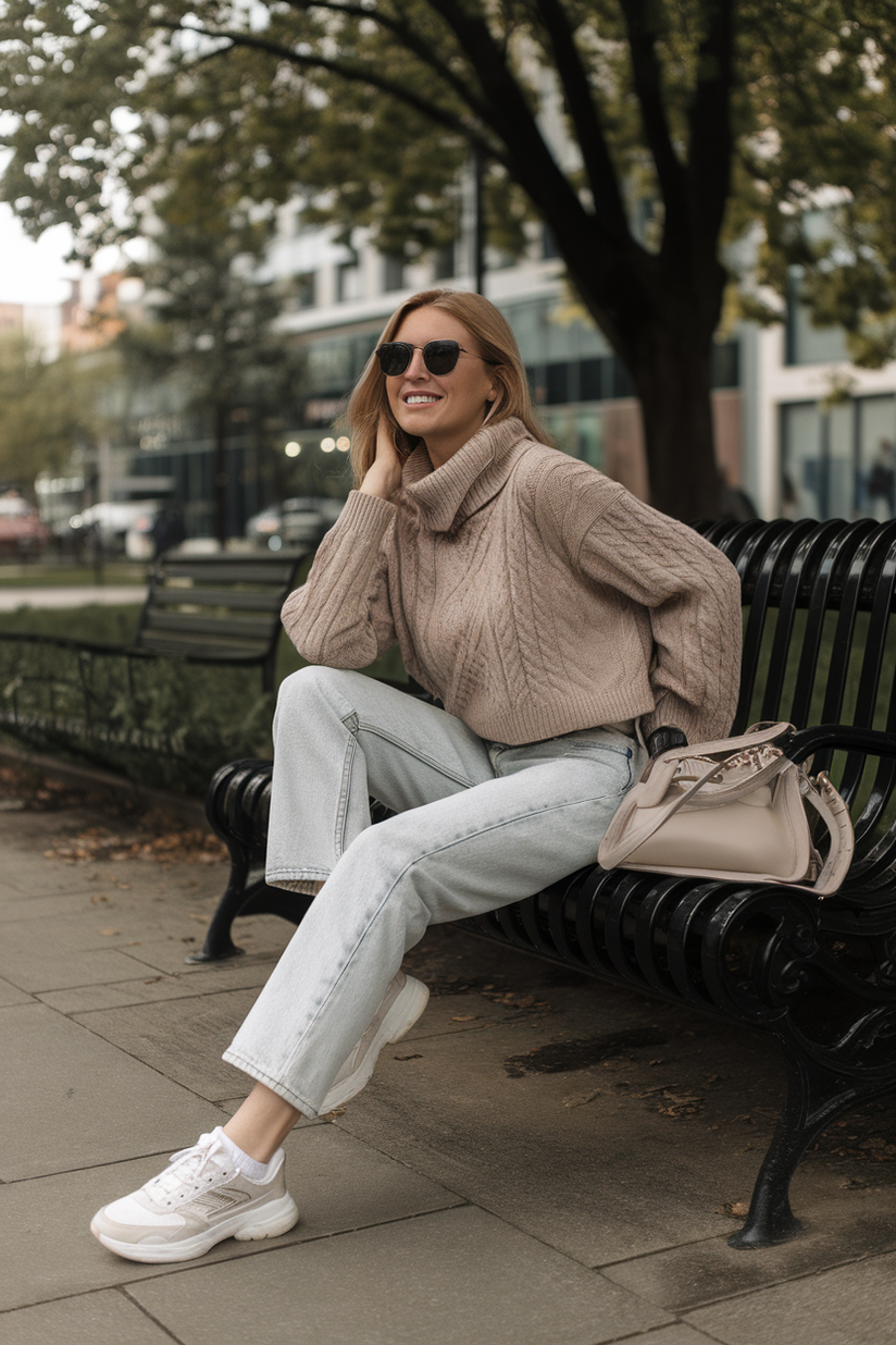 Light-wash jeans and a beige sweater styled for a casual early spring outfit.