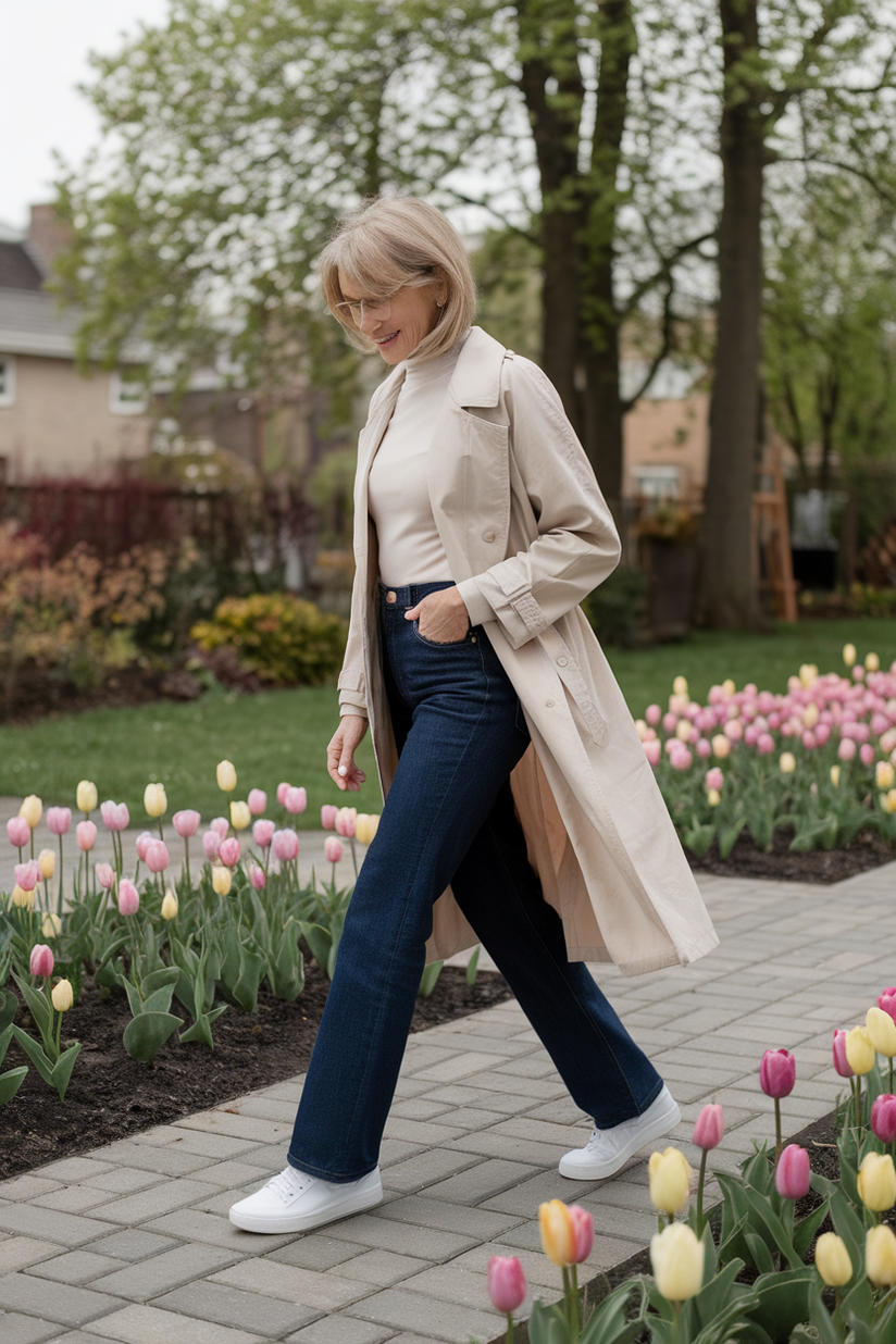 Dark-wash jeans and a beige trench coat paired with white sneakers for a casual spring outfit.