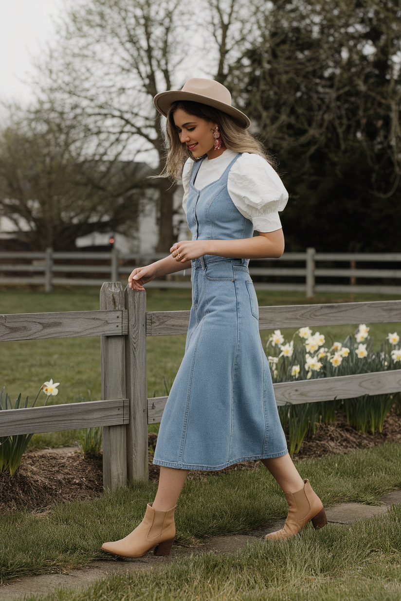 A denim midi skirt and white puff-sleeve blouse styled for early spring.