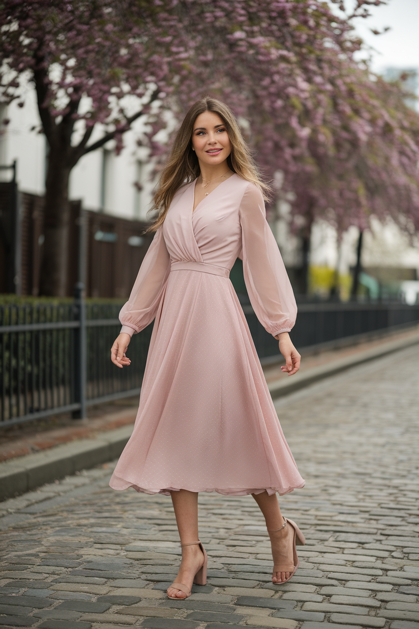 A pastel pink chiffon midi dress with sheer sleeves, styled for early spring with nude heels.