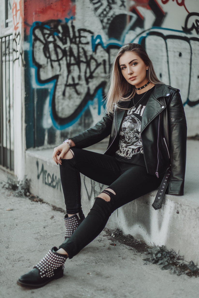 Ripped black jeans with a leather jacket and graphic tee, styled for an edgy spring outfit.