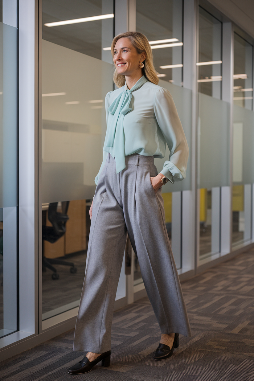 Gray trousers and a pastel blue blouse, styled for a work-appropriate early spring outfit.