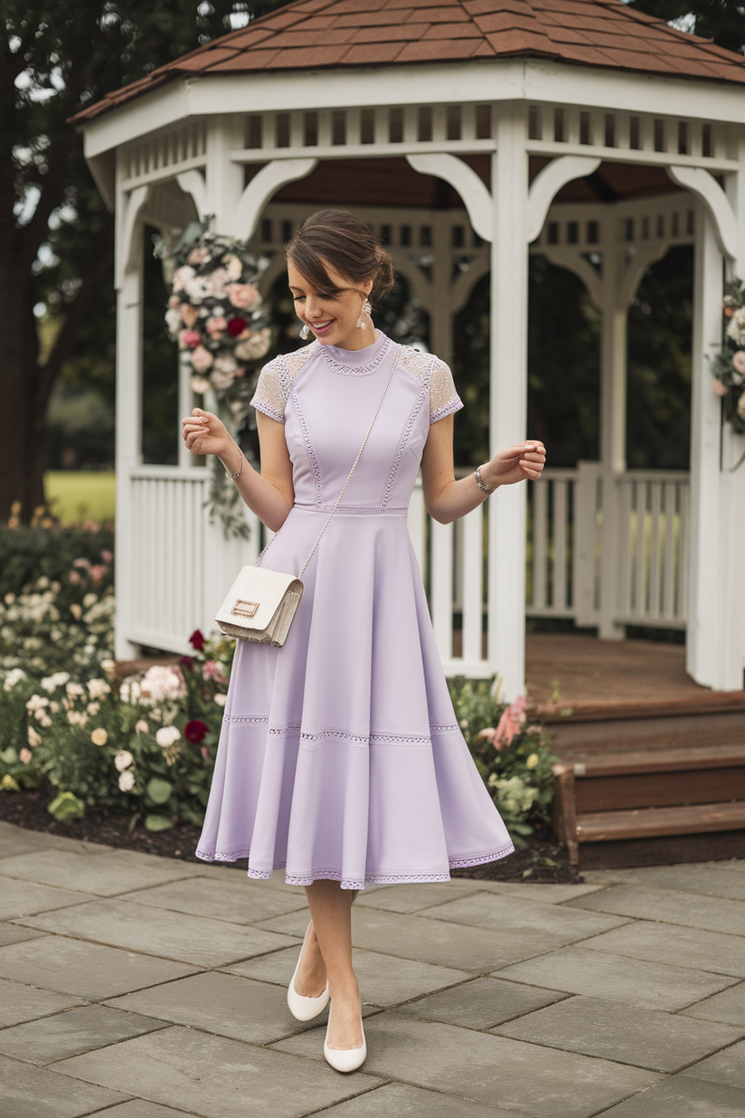 A pastel lavender fit-and-flare dress styled for a girly early spring outfit.