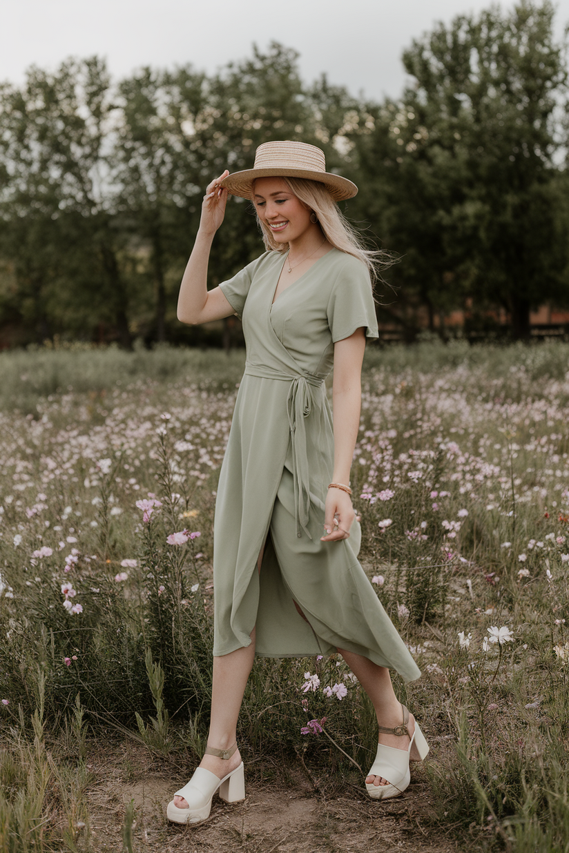 A sage green wrap dress paired with white sandals, styled for early spring.