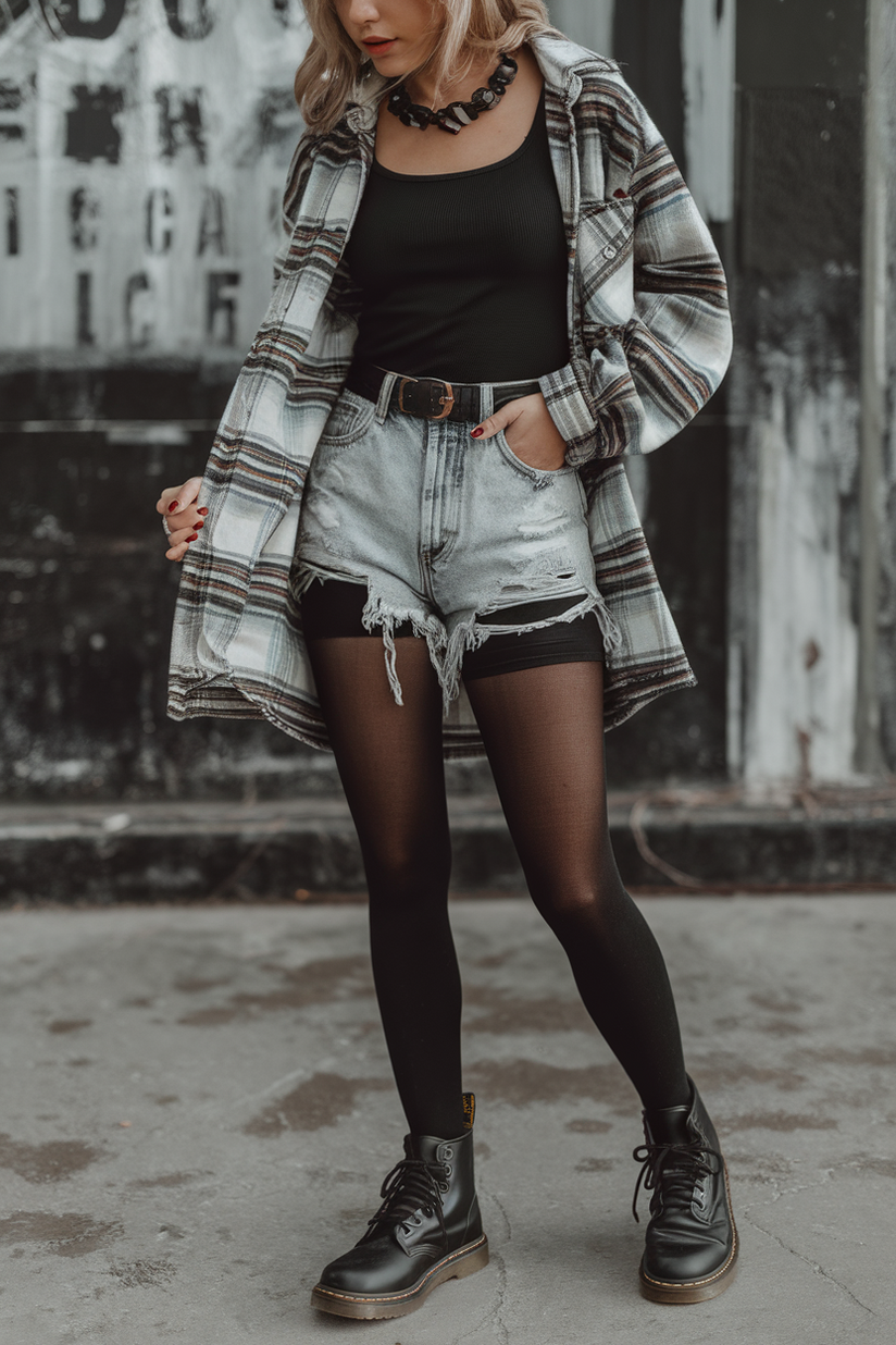 A plaid flannel shirt and distressed shorts with tights and boots, styled for a grunge spring look.