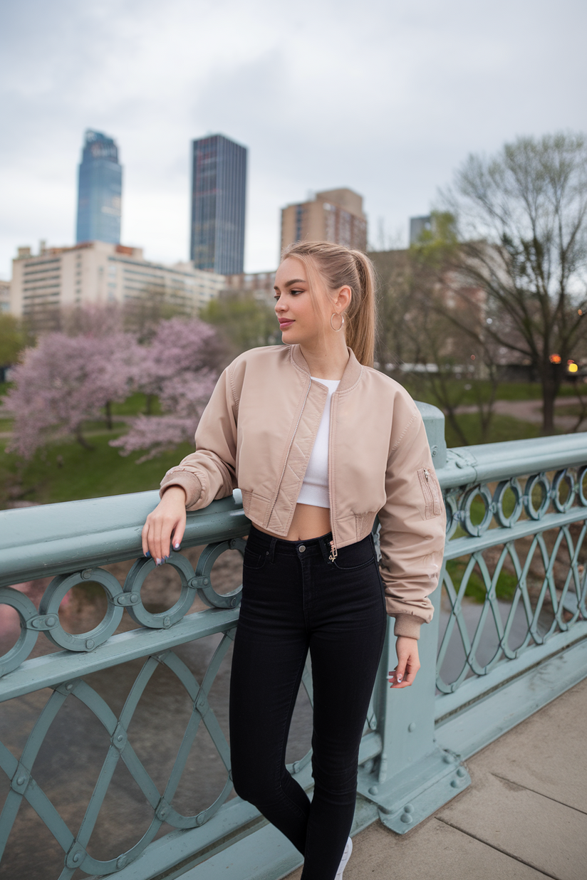 A beige bomber jacket styled with black skinny jeans and sneakers for early spring.