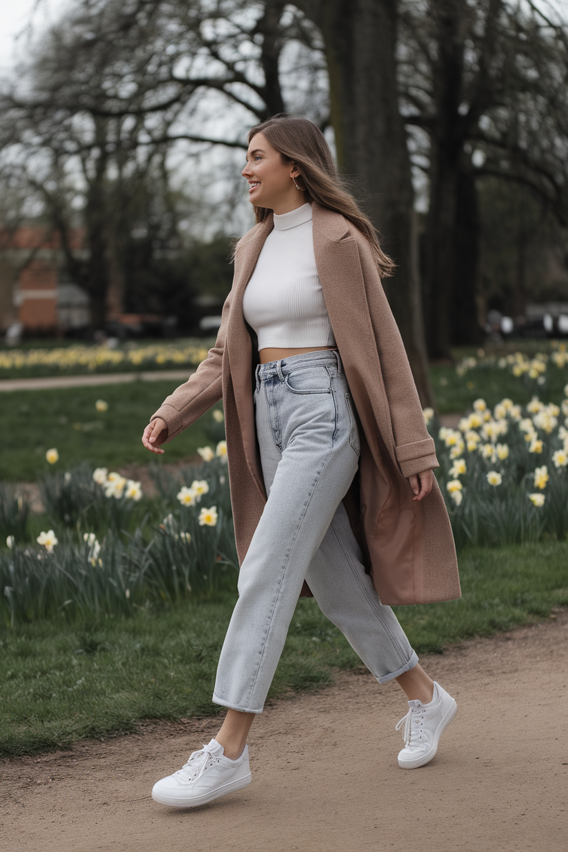 Light-wash mom jeans paired with a cropped white sweater and sneakers, styled for early spring.