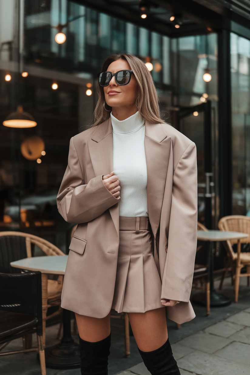 A beige oversized blazer, white turtleneck, pleated mini skirt, and knee-high boots in Korean style.