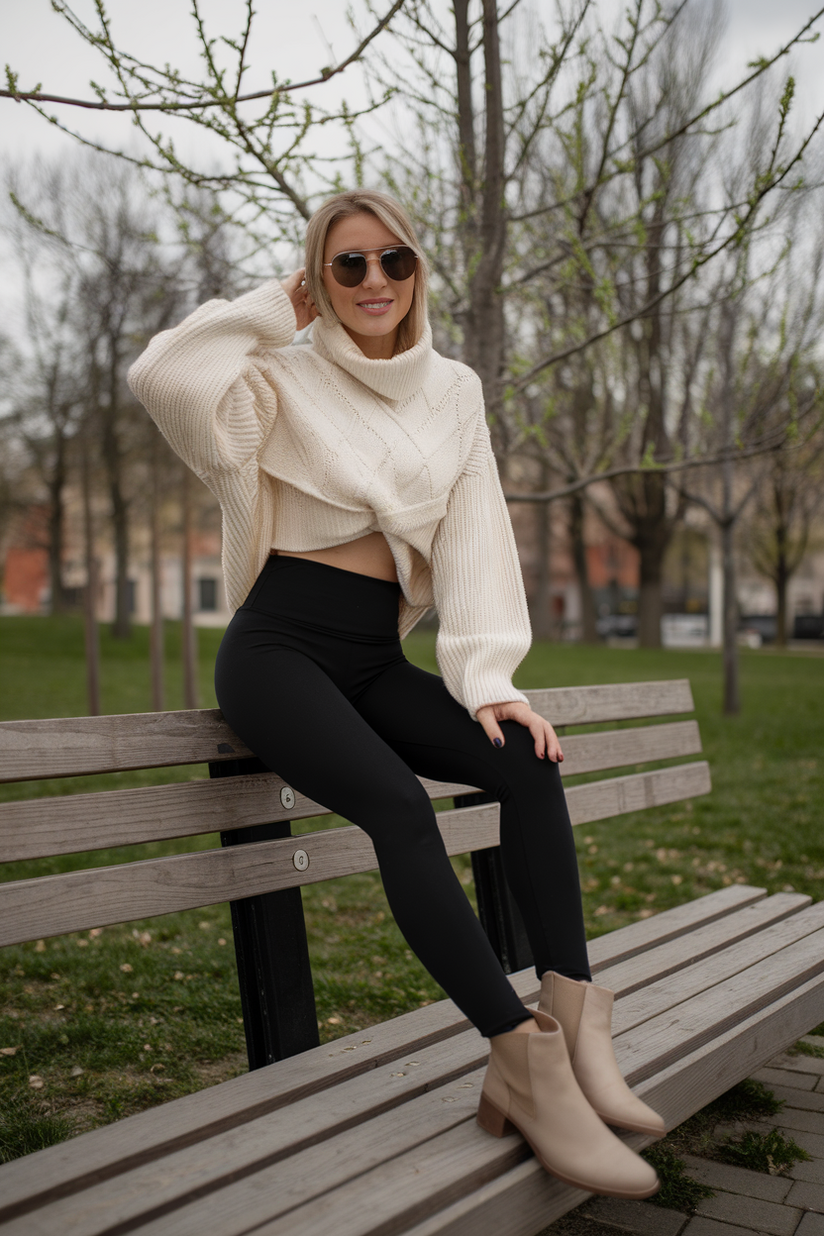 Black leggings styled with a cream knit sweater and ankle boots, an early spring casual look.