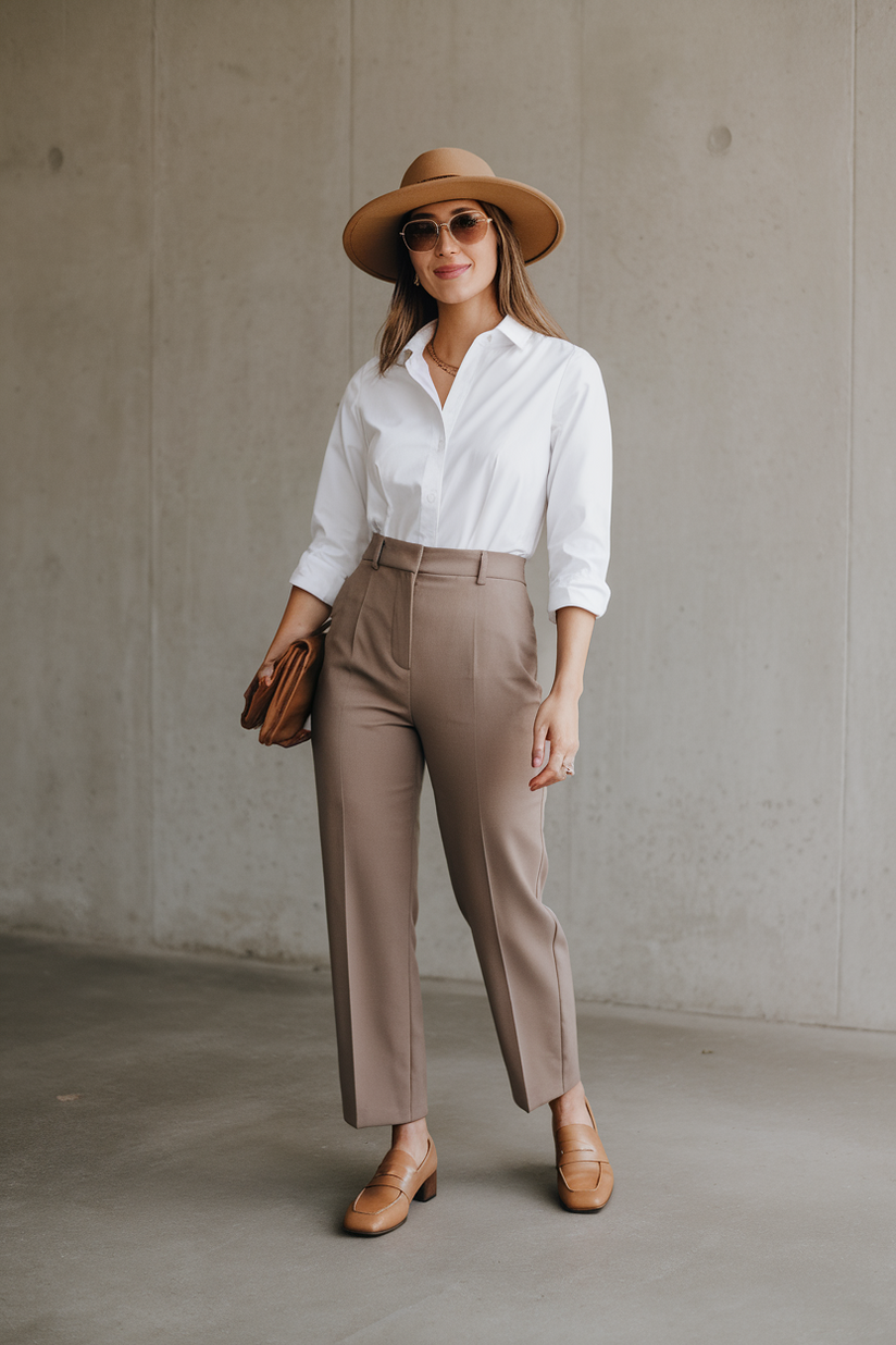 A white button-up shirt and beige trousers styled for a minimal spring outfit.