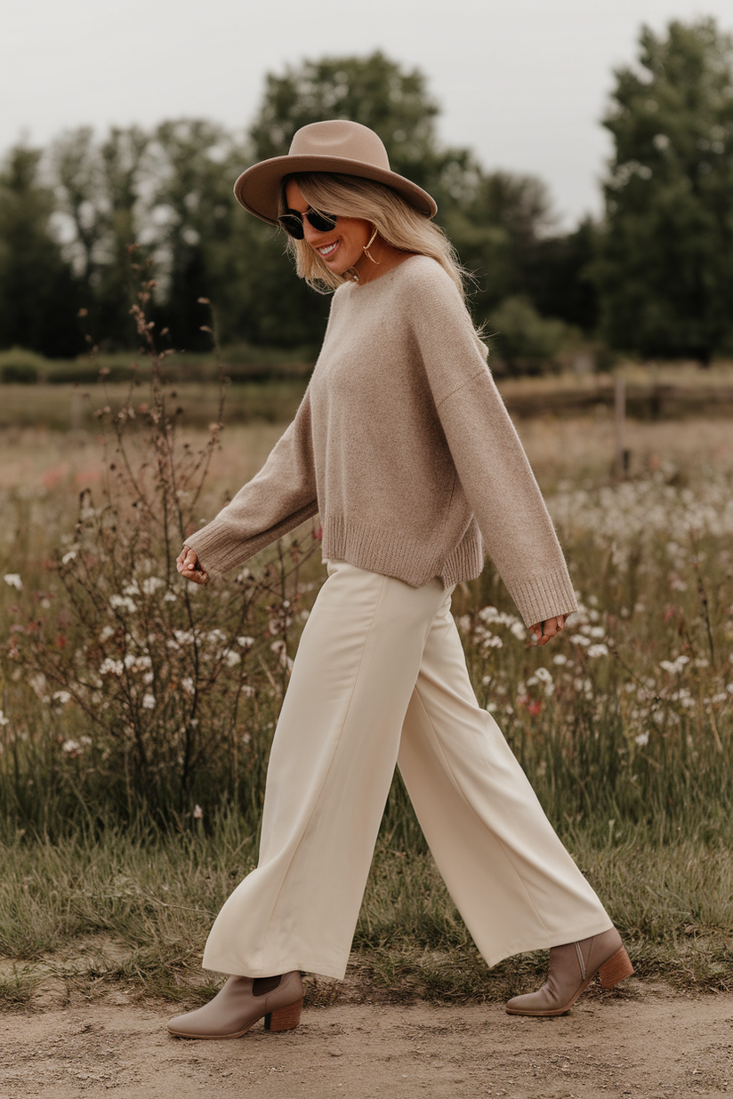 An oatmeal sweater and cream pants styled in neutral tones for early spring.