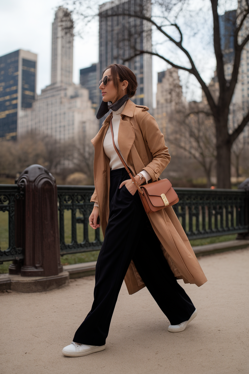 A camel trench coat with black trousers and white sneakers, styled for NYC in early spring.