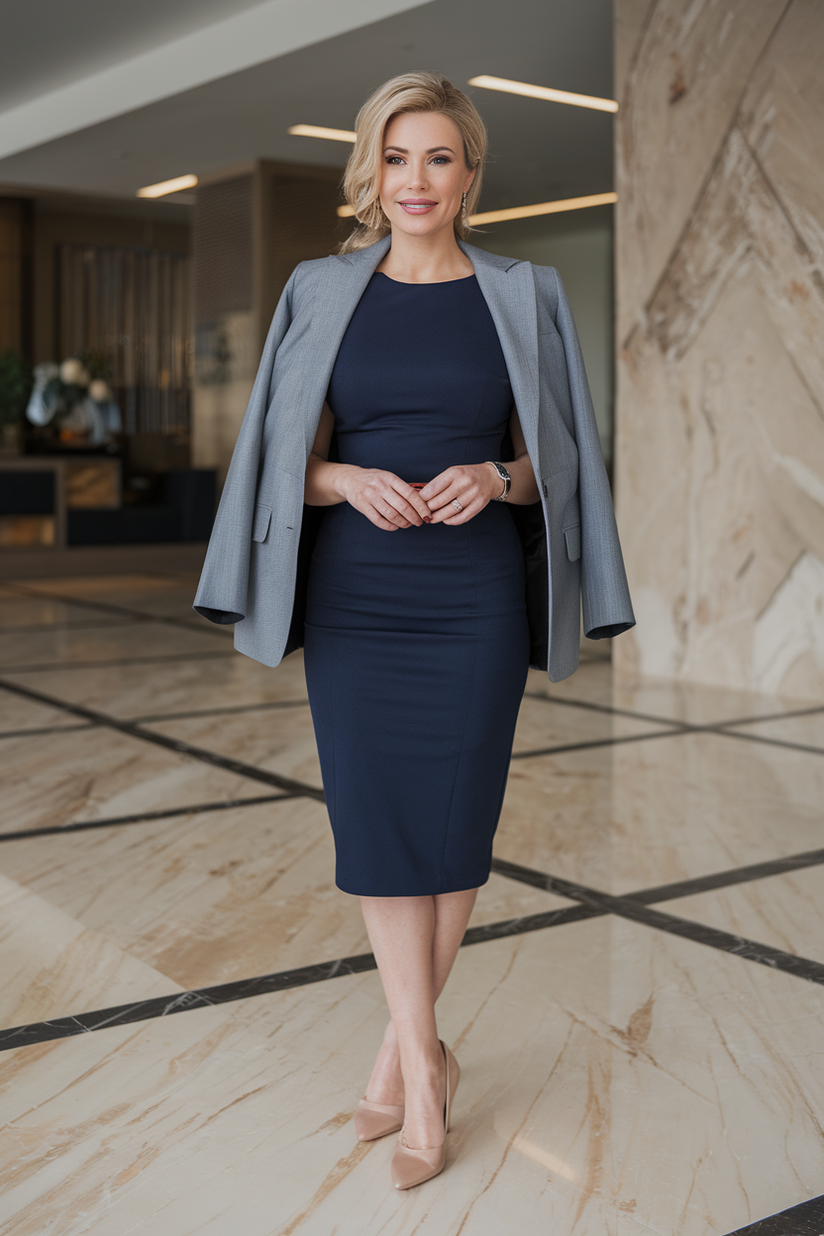 A navy pencil dress paired with a gray blazer, styled for a professional office look in early spring.