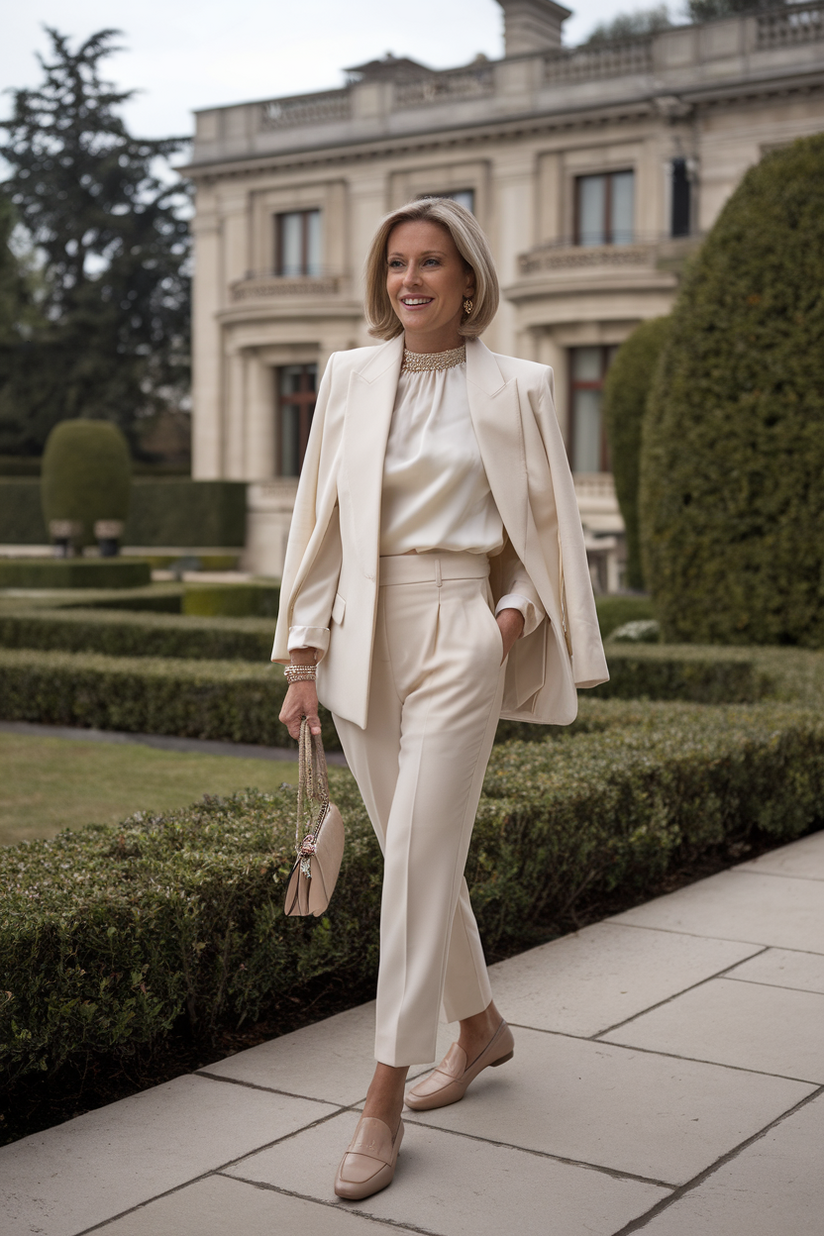 An ivory blazer and cream silk blouse styled for an elegant old money-inspired spring outfit.