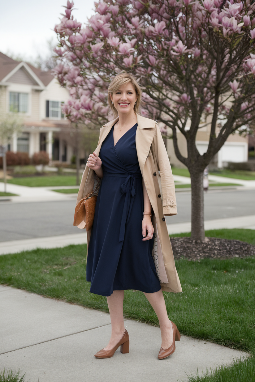 A navy wrap dress and tan trench coat, styled for women over 40 in early spring.