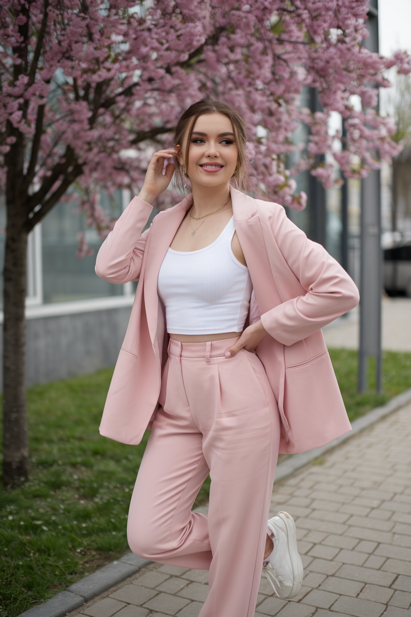 A pastel pink blazer and trousers styled for early spring.