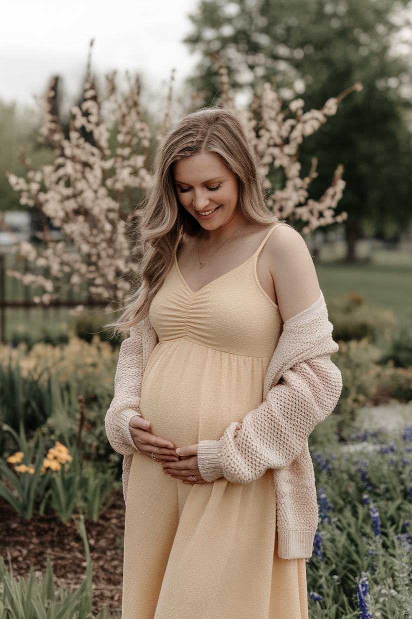 A pastel yellow empire-waist midi dress styled for a pregnant woman in early spring.