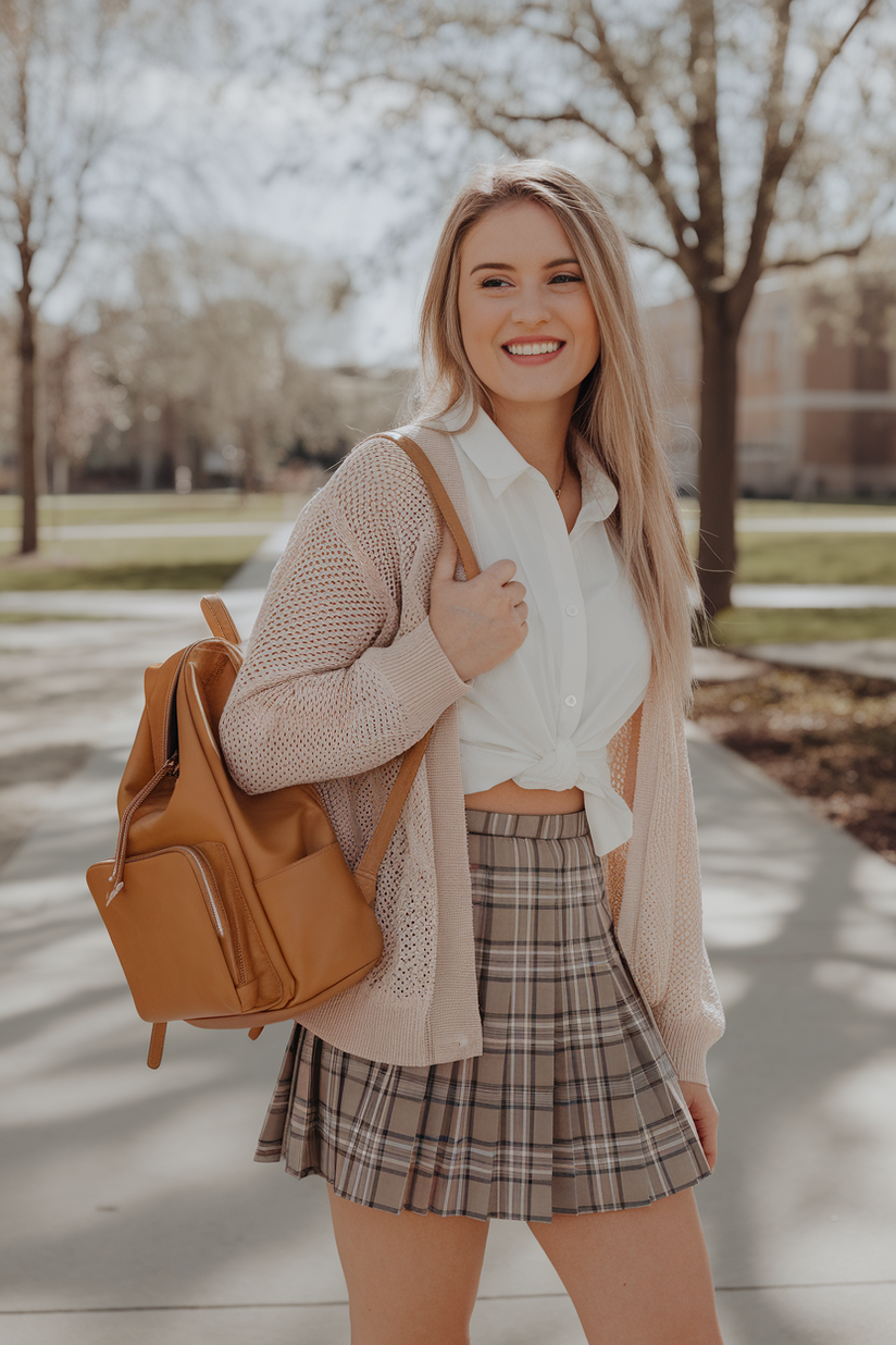 A plaid skirt and white button-up shirt paired with a cardigan, perfect for school in early spring.