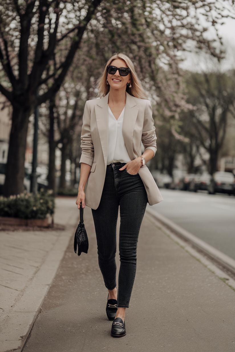 A beige blazer and white blouse styled with dark skinny jeans for a smart casual spring outfit.