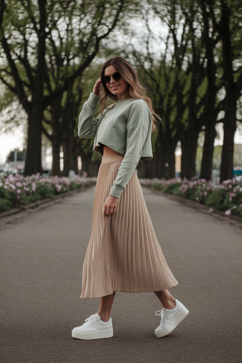 A pleated beige midi skirt styled with white sneakers and a green sweater for early spring.