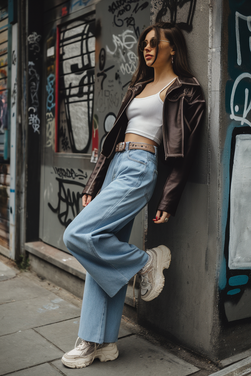 A cropped leather jacket and wide-leg jeans styled for early spring street style.