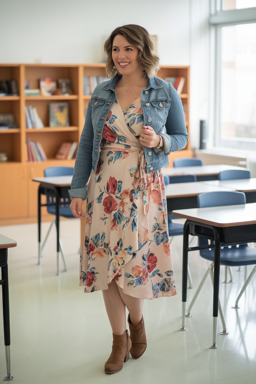 A floral print wrap dress with a denim jacket and ankle boots, styled for a teacher in early spring.