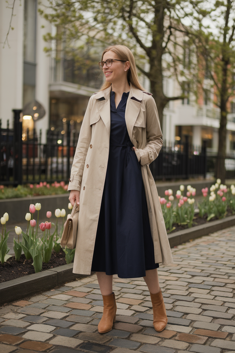 A khaki trench coat and navy midi dress styled for early spring fashion.