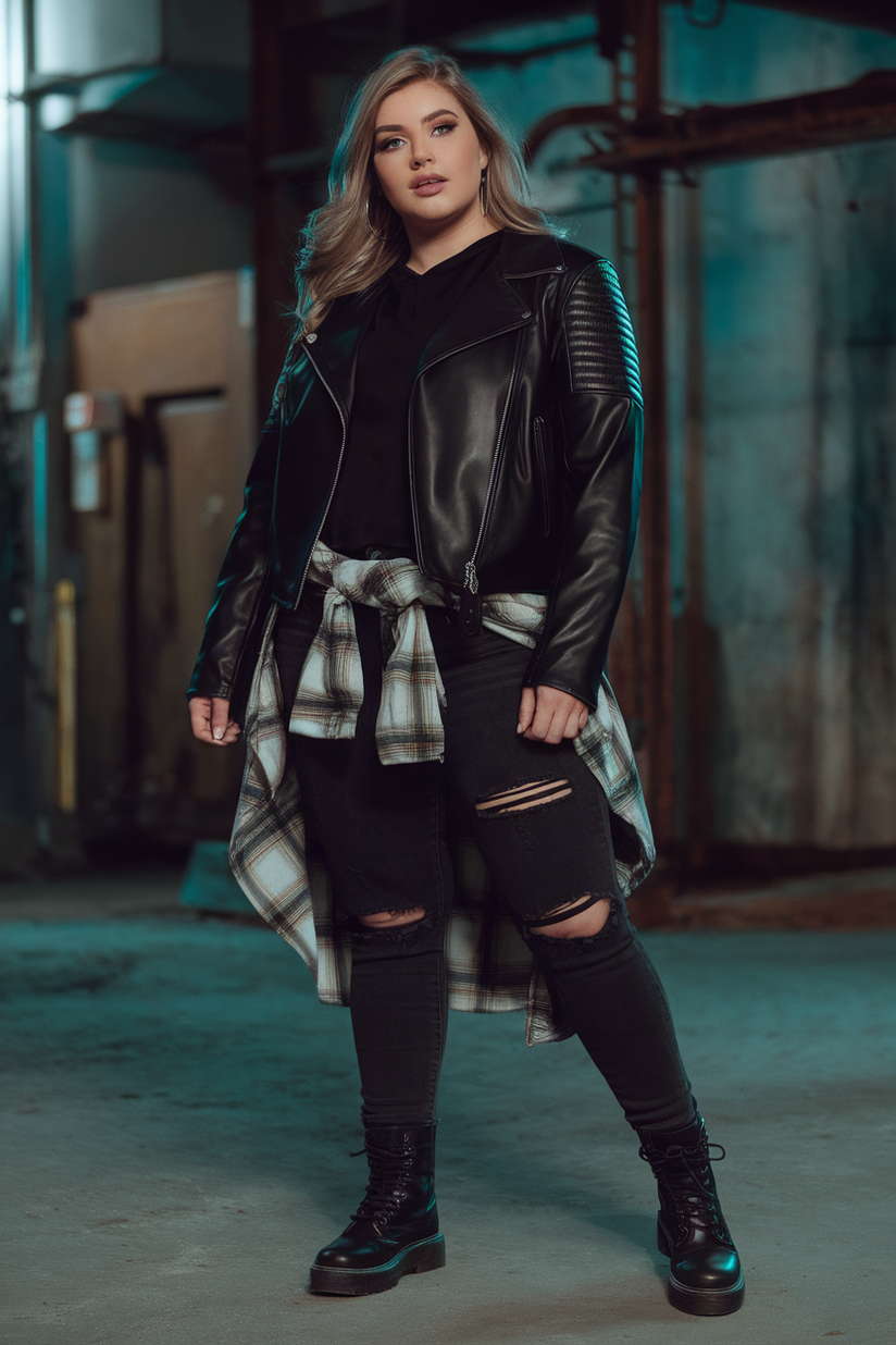 A plus-size woman in a black leather jacket, ripped jeans, and combat boots for a grunge-inspired winter outfit.