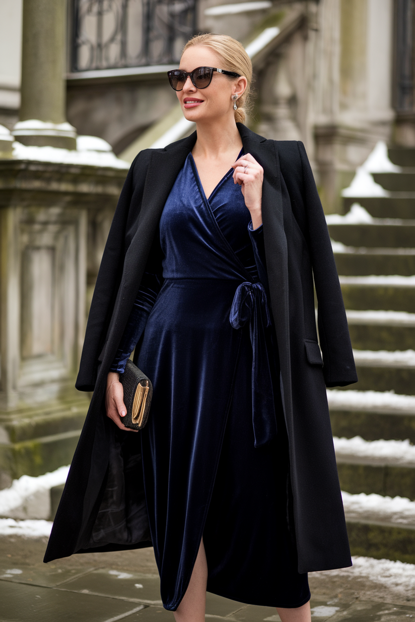 Elegant winter outfit with a navy velvet dress, a black coat, and ankle boots.