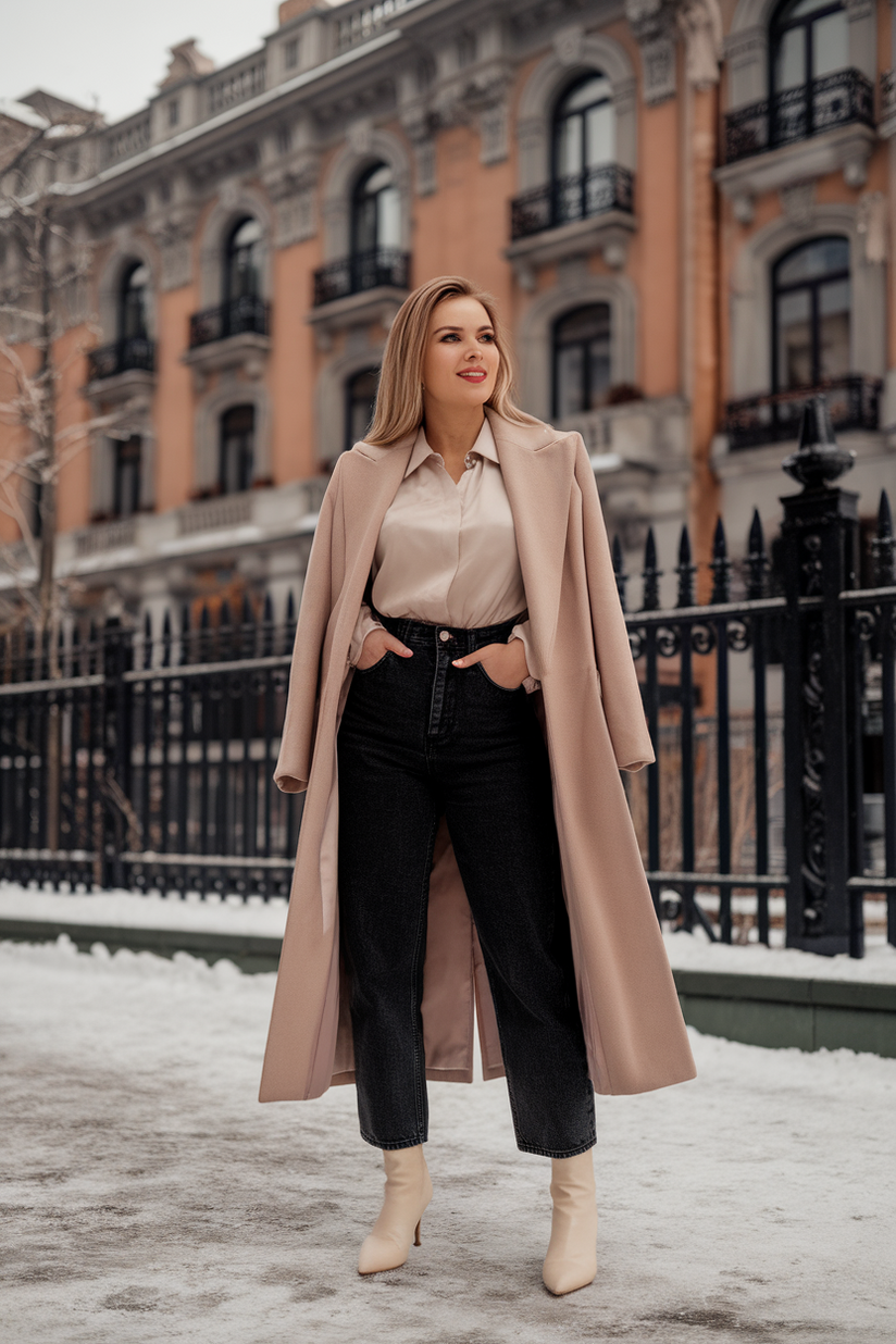 Woman in high-waisted black jeans and cream boots with a beige coat and silk blouse, standing by an ornate building.