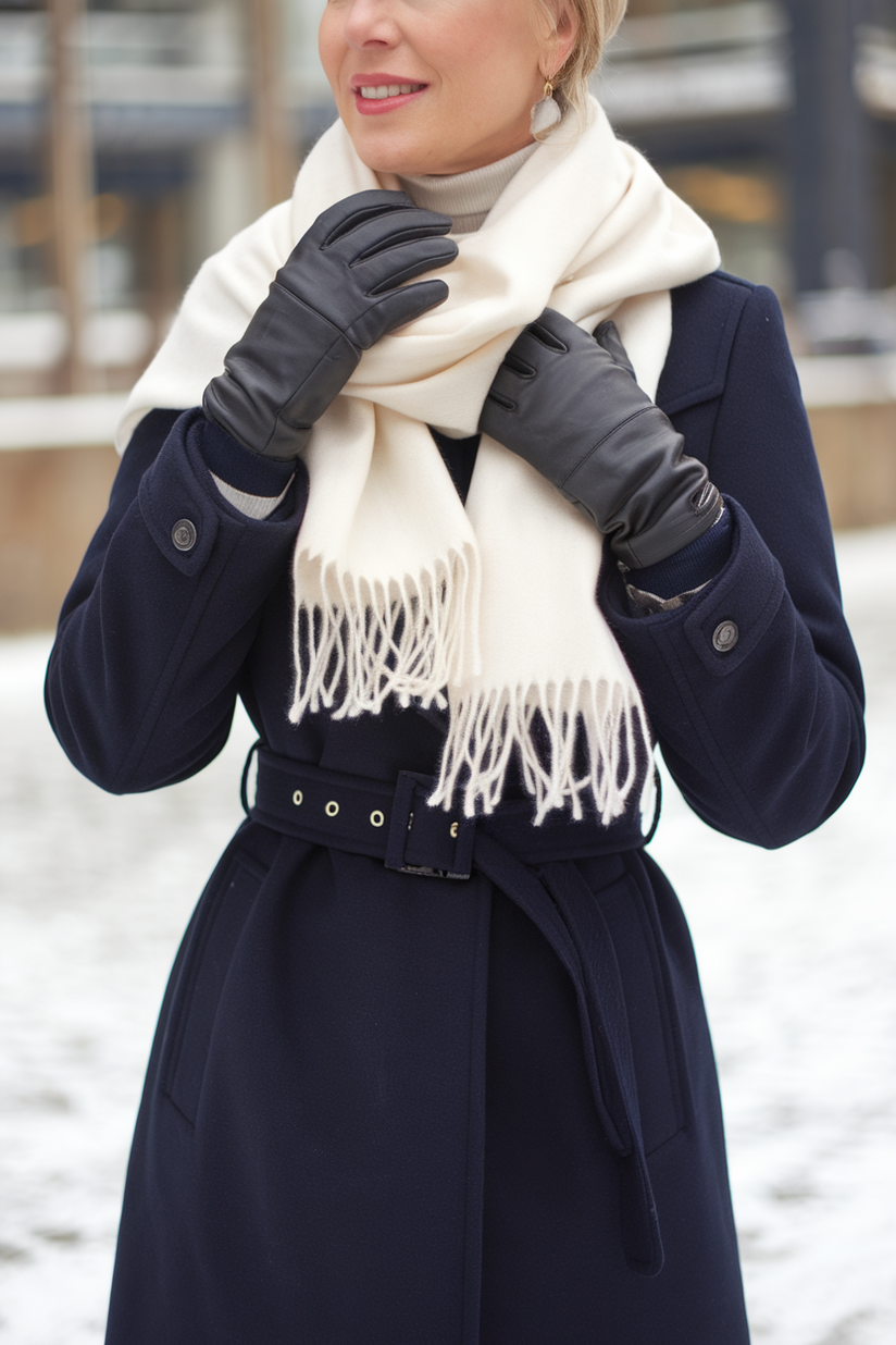 Elegant winter outfit with a white cashmere scarf, navy coat, and black boots.