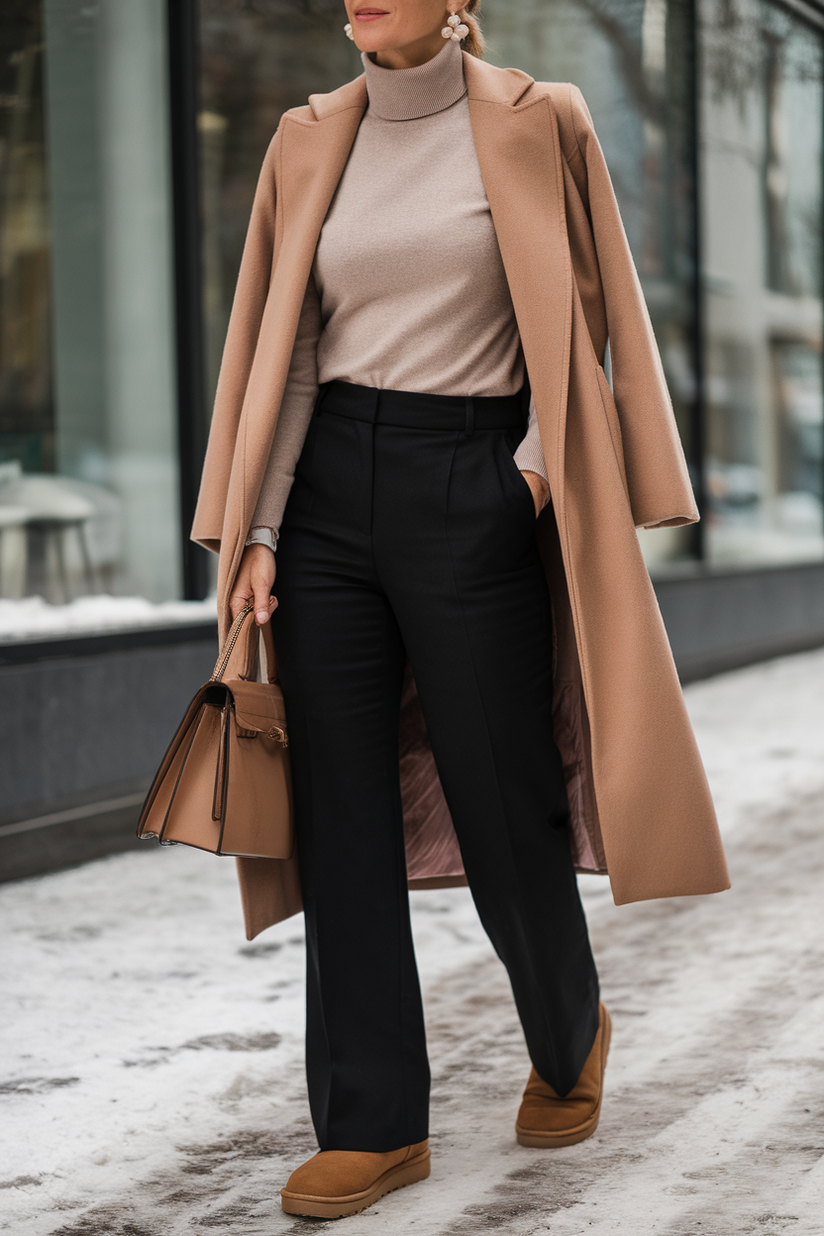 Elegant winter outfit with tailored trousers, beige turtleneck, and chestnut UGG boots.